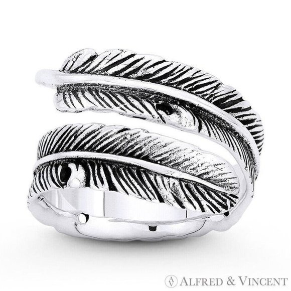 Rustic-Finish Eagle's Feather Charm Bypass Ring in .925 Sterling Silver - Size 5 - Picture 1 of 1